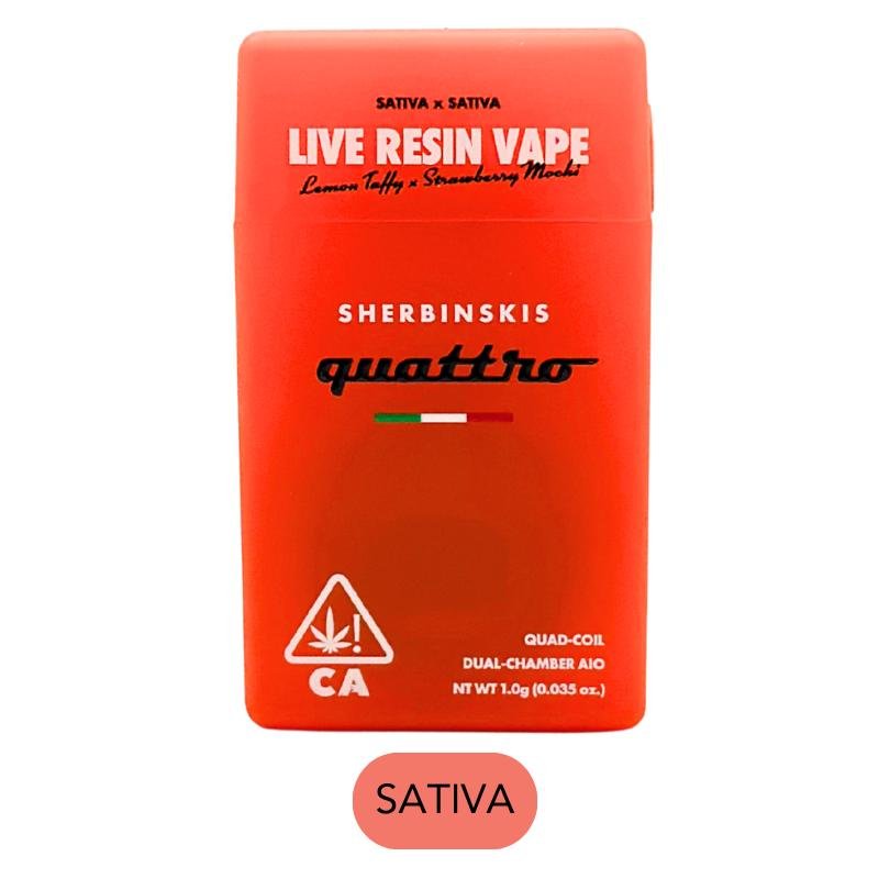 SHERBINSKIS QUATTRO 2Gram Disposable (Live Resin)  LEMON TAFFY X STRAWBERRY MOCHI QUATTRO (sativa x sativa)